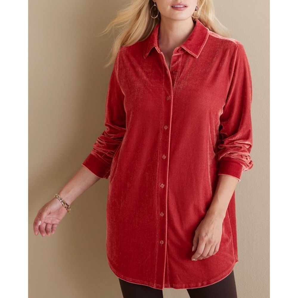 Soft Surroundings Velvet Boyfriend Tunic Button Up Shirt Garnet Red Cozy Luxe L